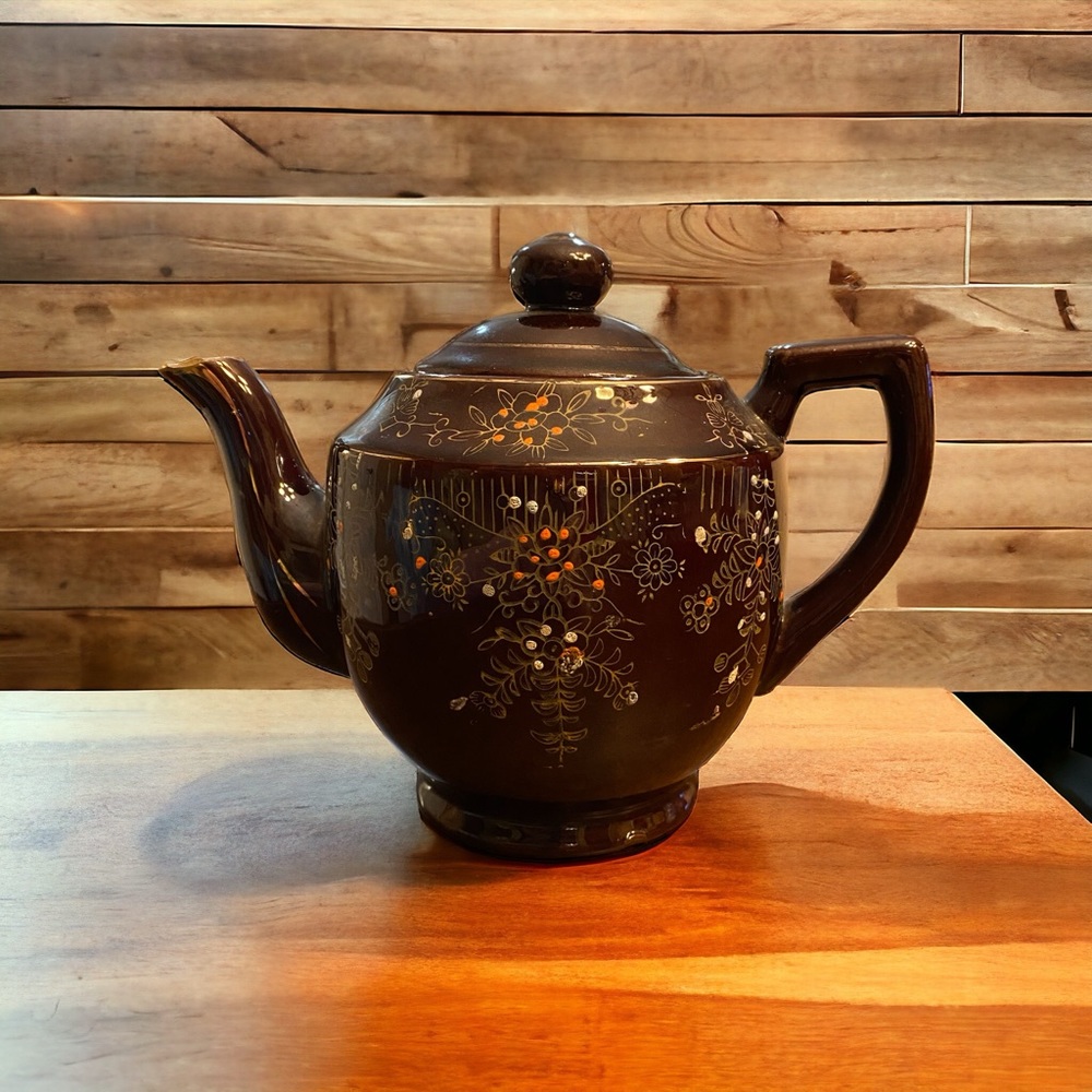 Vintage Japanese Moriage Redware Teapot Brown Floral 1940s As-Is